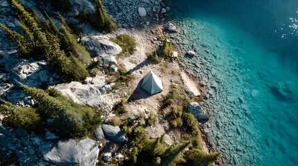 Obraz premium Top down view of solo camping tent beside turquoise mountain lake crystal clear water reflecting sky peak rocky terrain scattered pine tree serene remote alpine landscape detailed fabric fold shadow