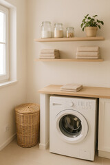 Minimal Laundry Room with Wooden Countertop and Storage Shelves

