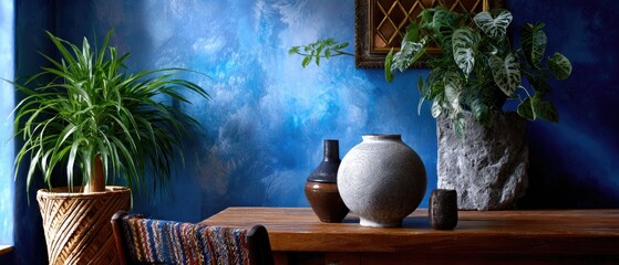 decor bohemian wallart concept. A cozy interior featuring plants and decorative pottery against a blue wall.