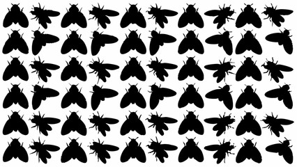 Pattern of many black fly silhouettes arranged in a grid formation against a white background surface