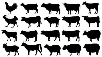 Silhouette illustration showing various farm animals including cows sheep goats and roosters in rows