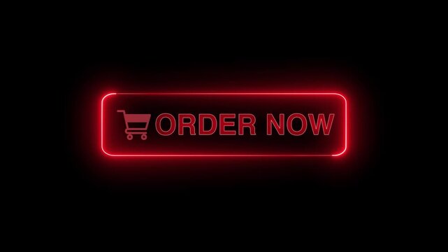  Neon glowing Order now button animation on transparent background. Order now button click  animation. button with icon animation concept. Order now Glowing neon text animation
