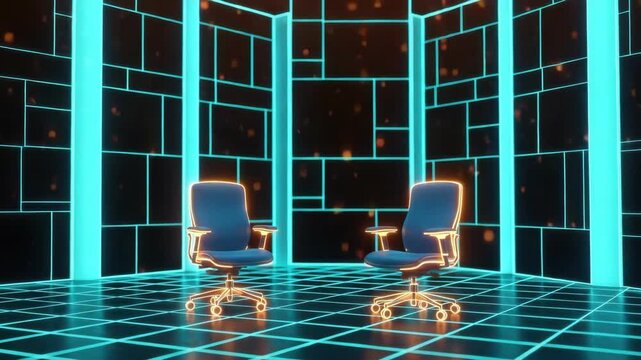 Two modern office chairs positioned in a futuristic glowing room with a grid floor and illuminated walls suggesting a high-tech discussion or interview setting