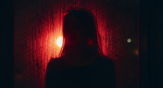 Silhouetted Woman Behind RainStreaked Glass Bathed in Red Light