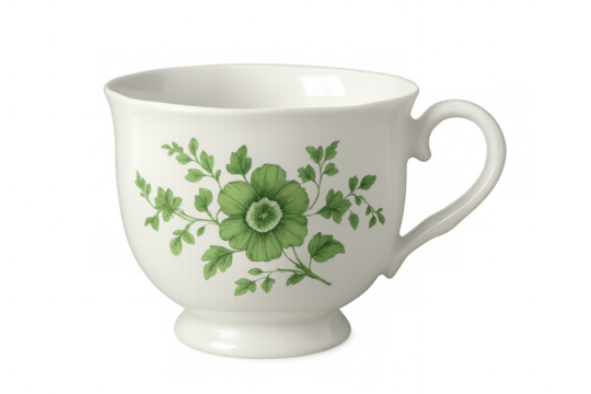 Delicate white porcelain teacup decorated with pale green floral motif, sitting against transparent background, highlighting refined ceramic craftsmanship