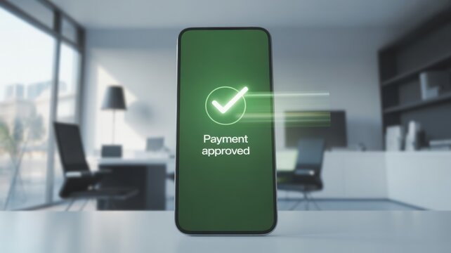 mobile payment integration concept. Smartphone displaying approved payment notification in modern office setting.
