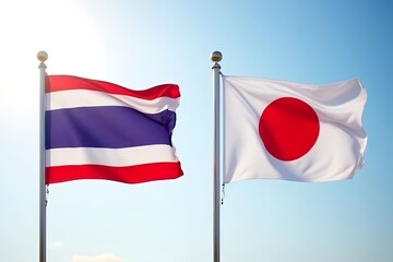 Thailand flag and Japan flag. Strong diplomatic ties and mutual friendship. the harmonious relationship and cooperation between the two nations