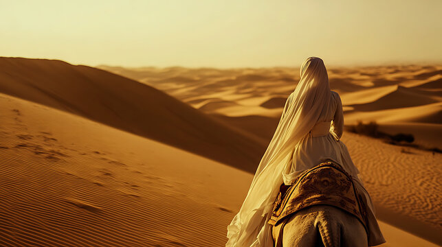 Desert Journey: Woman on camel, sandy dunes stretching to horizon. Exploration & travel in warm, golden light. Adventure awaits!