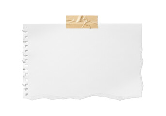 A pristine blank white paper with torn rough edges, held by crumpled light brown masking tape, isolated on a seamless bright white background with high-key flat lighting, top-down studio shot.