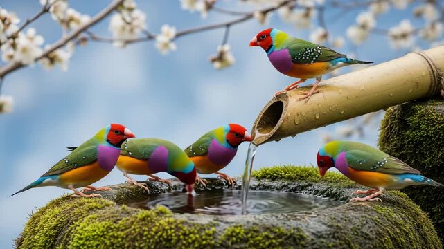 Serene Colorful Gouldian Finches Drinking at Bamboo Fountain