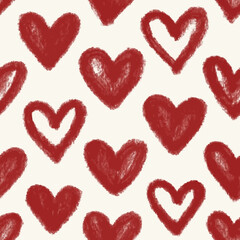 Fototapeta premium A seamless pattern of hand-drawn red hearts with a textured, crayon-like appearance.