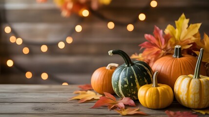 Autumn Harvest Display with Pumpkins Gourds and Fall Leaves on Wood Surface