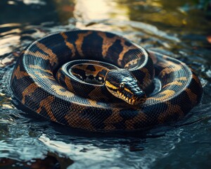 Fototapeta premium A striking black and orange snake gliding gracefully through calm water.