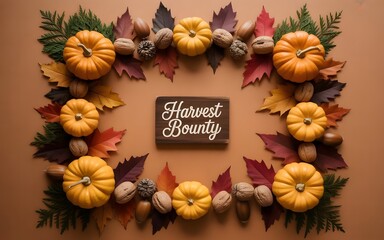 Autumn Harvest Bounty Still Life with Pumpkins Leaves and Walnuts on Brown
