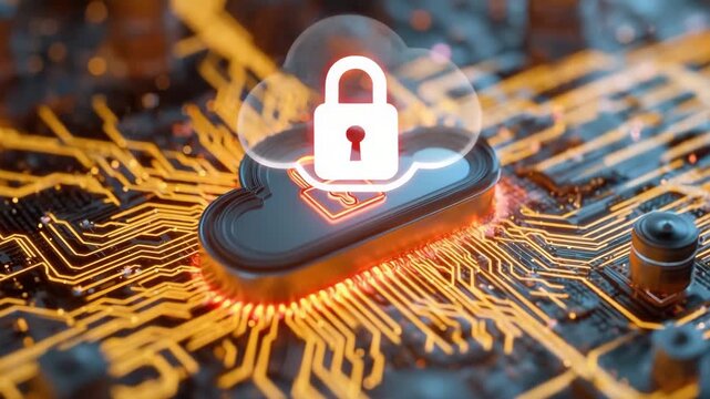 4K animated visual of a secure cloud symbol integrated into a digital circuit board, symbolizing cybersecurity, encrypted cloud storage, and data protection. Perfect for use in tech presentations, dig