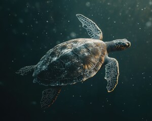 A majestic sea turtle gliding gracefully through the dark waters, illuminated by soft light.