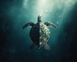 A majestic sea turtle gracefully gliding through serene blue waters, illuminated by soft sunlight.