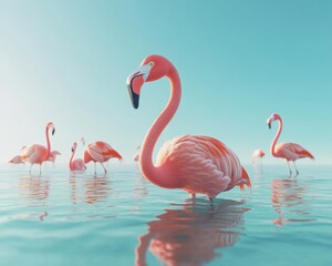 Fototapeta premium A vibrant scene of pink flamingos gracefully wading in serene waters under a clear sky.