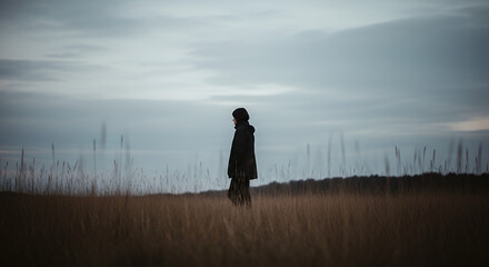 Solitary figure in dark coat standing in a field of tall grass under a cloudy sky