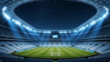 A brightly lit soccer stadium at night with a grass field rows of seating and a starlit sky visible through the open roof - Powered by Adobe