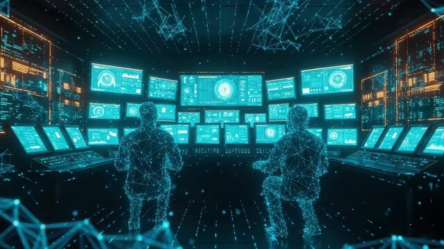 Futuristic digital control room with two silhouetted operators monitoring multiple holographic screens displaying data analytics and network connections set in a high-tech environment