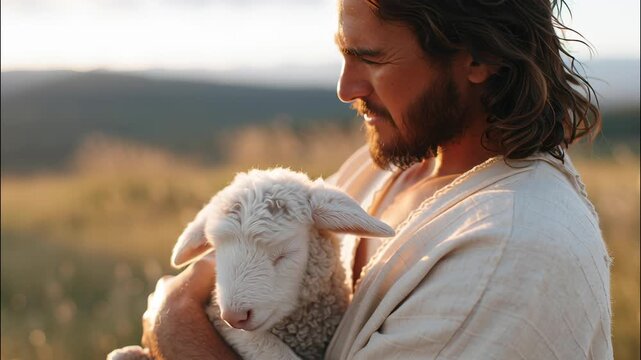 Gentle shepherd representing lamb, depicting divine compassion spiritual sacrificial love, cradling and redemption video 4k