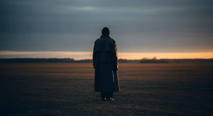 Solitary Figure in Overcoat Standing in Field at Dusk Back View