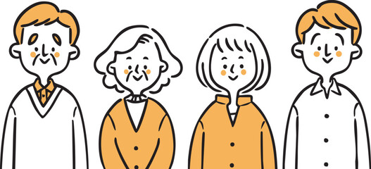 様々な年代の夫婦のイラスト　上半身　ベクター（オレンジ）
