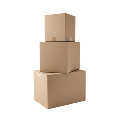 Stack of Three Brown Cardboard Boxes for Delivery, Cargo, and Courier Services on White Background
