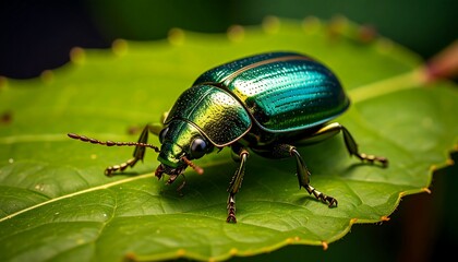 Fototapeta premium Shiny Jewel Beetle Resting on a Vibrant Green Leaf in Detailed Macro Photography