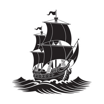 Detailed black silhouette of a majestic tall ship with full sails navigating through choppy waves isolated on white background