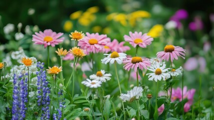 Vibrant Wildflower Meadow: A Symphony of Pink, White, and Yellow Blooms