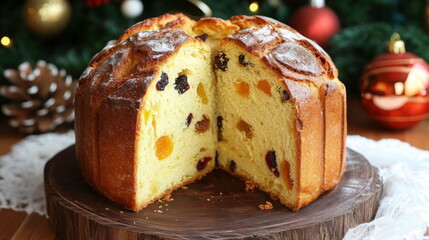 Panettone bread with dried fruits and nuts, beautifully sliced, resting on a wooden board, surrounded by festive decorations, showcasing a traditional holiday treat