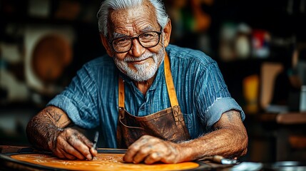 A senior craftsman meticulously works on a leather project.