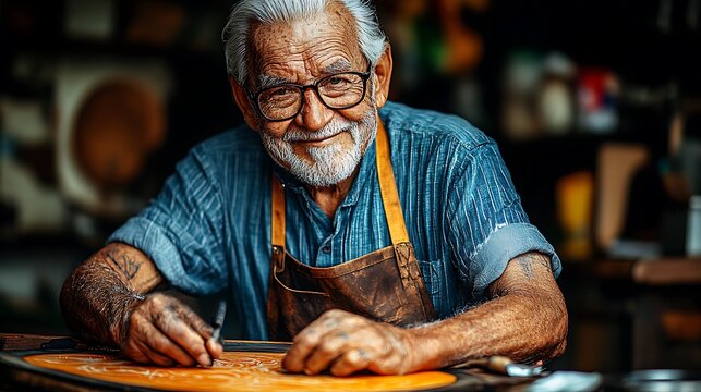 A senior craftsman meticulously works on a leather project. - Powered by Adobe