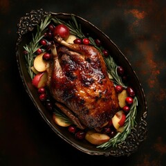 Roasted duck garnished with caramelized apples and fresh cranberries, beautifully arranged on an ornate platter, showcasing a rich culinary presentation for festive dining