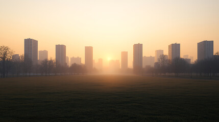 Fototapeta premium Smog and PM 2.5 for urban concept. City skyline at sunset with silhouettes of buildings and trees in the foreground.