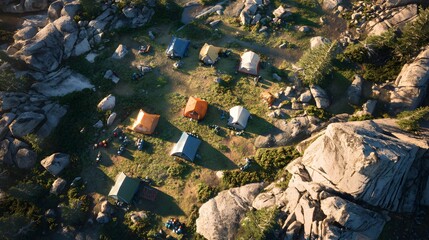 Top down view of tent arranged geometric layout grass plateau surrounded boulder sparse vegetation backpacker gear scattered early evening light elongated shadow high contrast detail composition