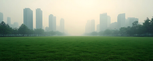 Smog and PM 2.5 for urban concept. Urban skyline shrouded in fog with a green field in the foreground, conveying a serene yet mysterious atmosphere.