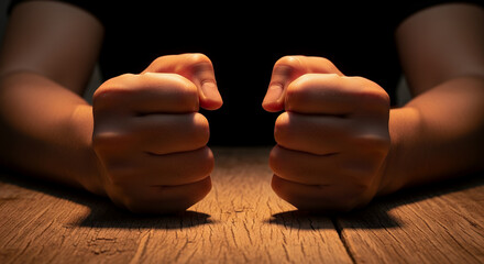 Two clenched fists resting on a textured wooden surface under dramatic lighting