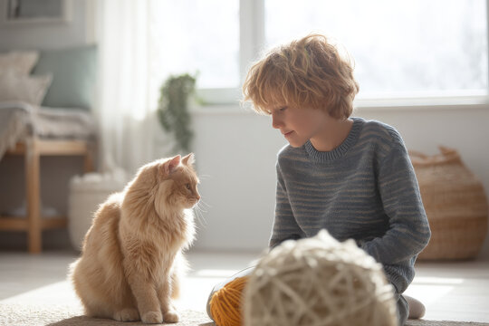 young boy is successfully teaching his playful cat to sit using tasty treat as motivation