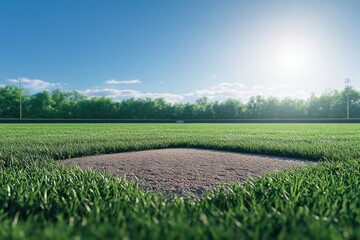 An empty baseball diamond with a focus on home plate, bathed in warm sunlight and surrounded by lush green grass.