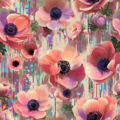 Vibrant Anemone Flowers with Holographic Accents on Pastel Background.