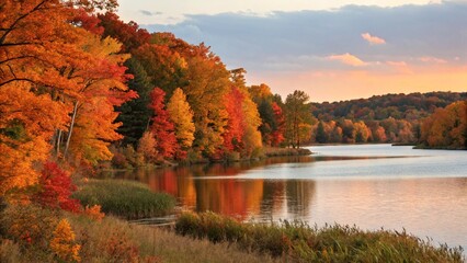 Autumn mountain and forest landscapes reflect colorful fall foliage, yellow and red leaves, and a blue sky in tranquil lake and river waters
