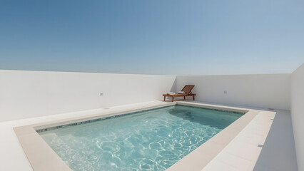Fototapeta premium A pristine, white-walled rooftop pool scene with a lounge chair under a clear, blue sky.