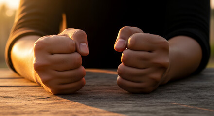 Two clenched fists resting on weathered wood bathed in warm golden sunlight