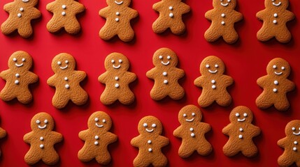 Gingerbread cookies arranged in a festive pattern on a vibrant red background, showcasing cheerful faces and decorative icing details, perfect for holiday celebrations and seasonal treats