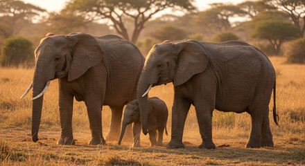 Fototapeta premium African Elephant Family at Sunset in the Savanna