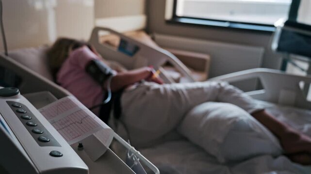 Close-up of a fetal monitor in a doctor's office, displaying fetal heart rate and uterine contraction data during a prenatal check-up with a blurred view of a pregnant woman lying in a hospital bed