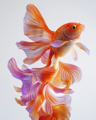 Fototapeta premium A stunning goldfish with flowing fins in vibrant orange and pink hues, captured in a graceful upward motion.